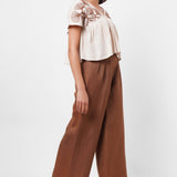 V - Neck Embroidered Beige Linen Top - Western Era Tops for women