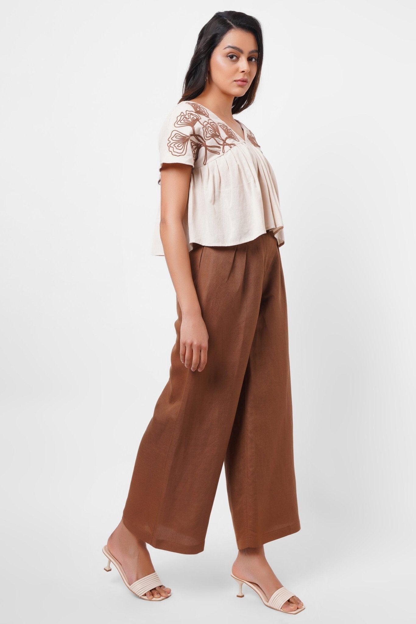 V - Neck Embroidered Beige Linen Top - Western Era Tops for women