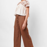 V - Neck Embroidered Beige Linen Top - Western Era Tops for women