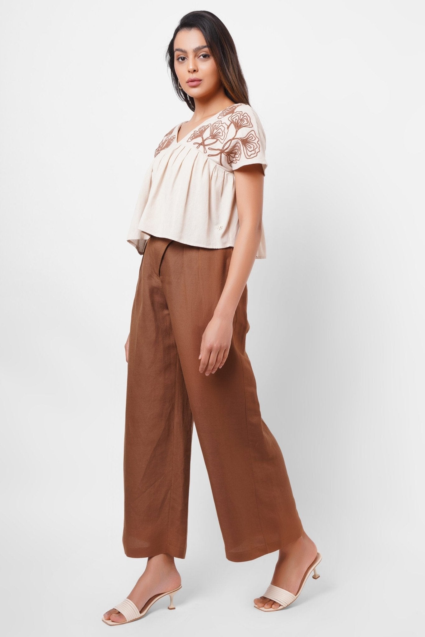 V - Neck Embroidered Beige Linen Top - Western Era Tops for women