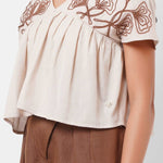 V - Neck Embroidered Beige Linen Top - Western Era Tops for women