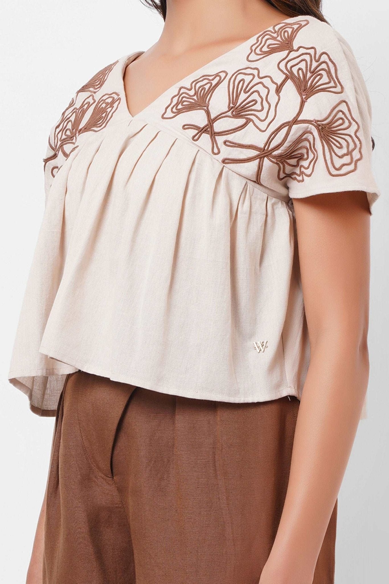 V - Neck Embroidered Beige Linen Top - Western Era Tops for women