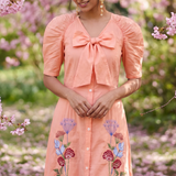 V - Neck Fit & Flare With Front Bow & Puff Sleeve Midi Dress - Western Era Dresses for women