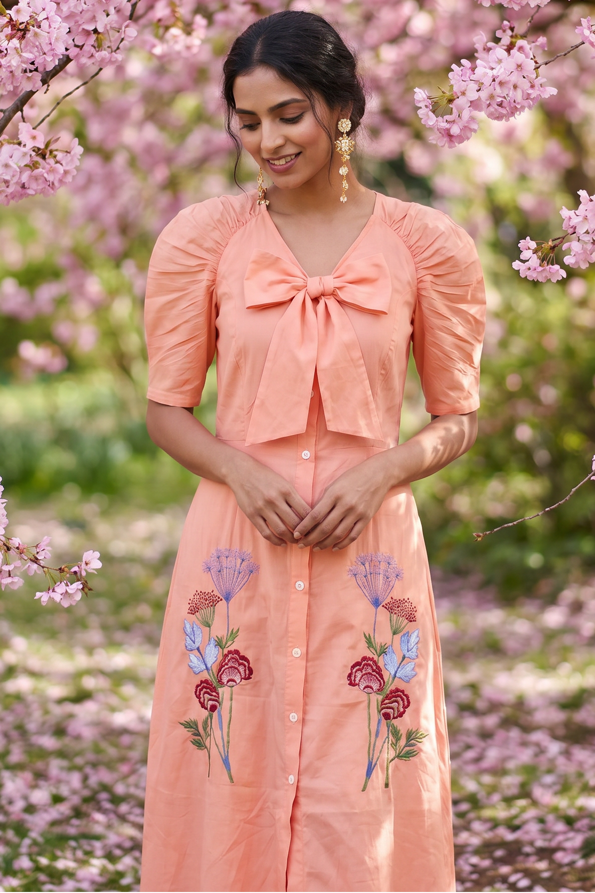 V - Neck Fit & Flare With Front Bow & Puff Sleeve Midi Dress - Western Era Dresses for women