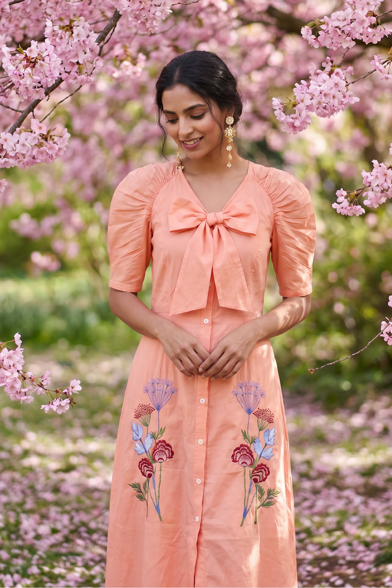V - Neck Fit & Flare With Front Bow & Puff Sleeve Midi Dress - Western Era Dresses for women