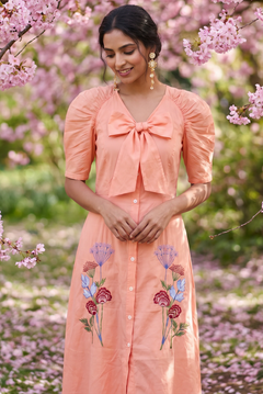 V - Neck Fit & Flare With Front Bow & Puff Sleeve Midi Dress - Western Era Dresses for women