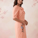 V - Neck Fit & Flare With Front Bow & Puff Sleeve Midi Dress - Western Era Dresses for women