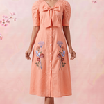 V - Neck Fit & Flare With Front Bow & Puff Sleeve Midi Dress - Western Era Dresses for women