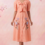 V - Neck Fit & Flare With Front Bow & Puff Sleeve Midi Dress - Western Era Dresses for women