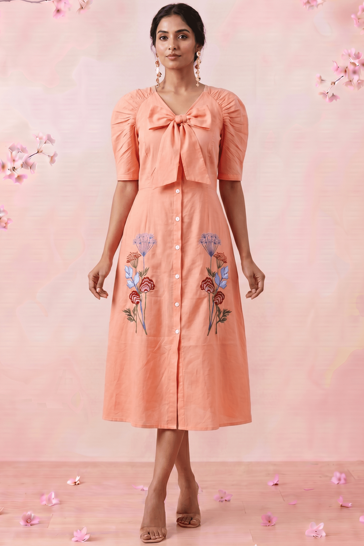 V - Neck Fit & Flare With Front Bow & Puff Sleeve Midi Dress - Western Era Dresses for women