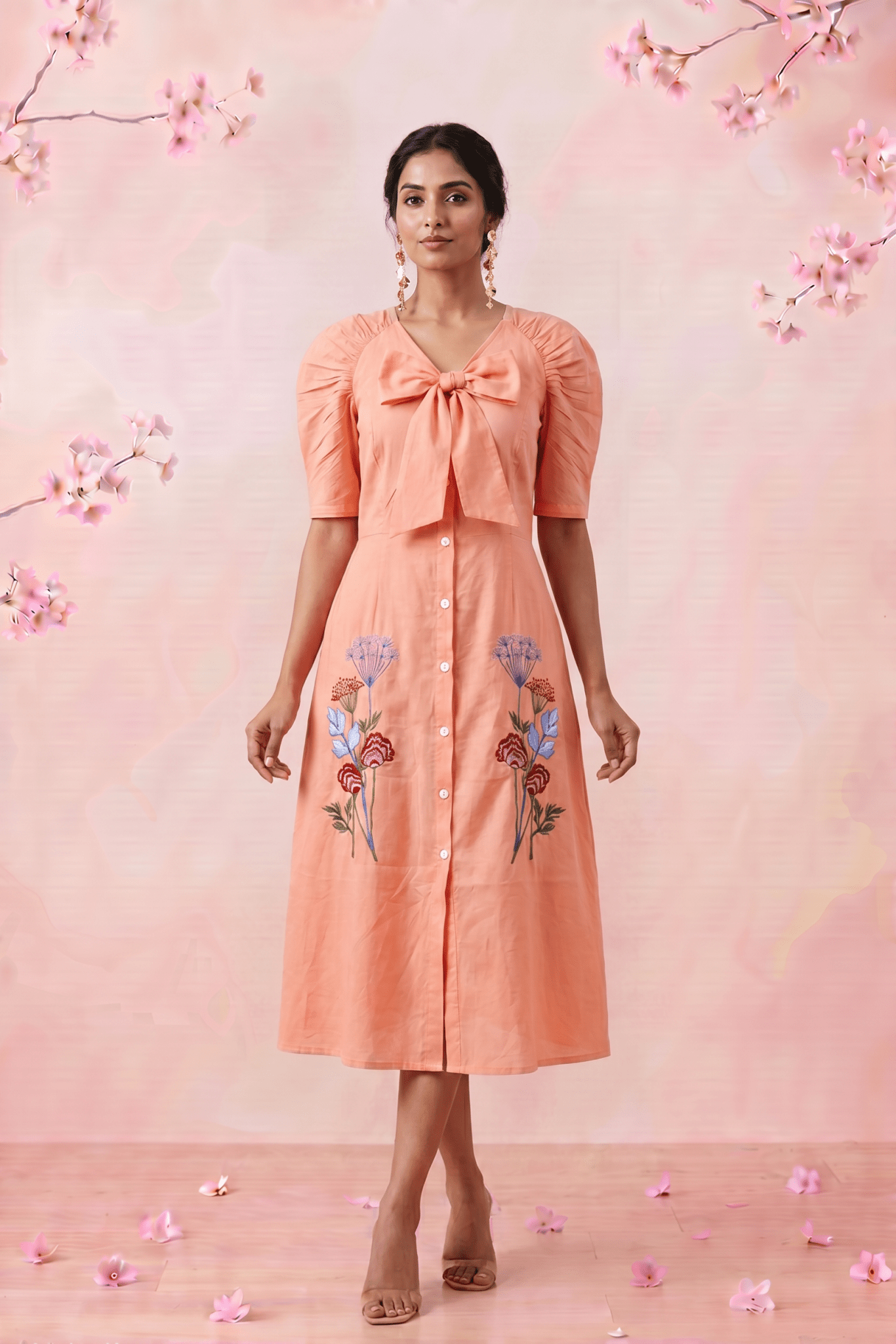 V - Neck Fit & Flare With Front Bow & Puff Sleeve Midi Dress - Western Era Dresses for women