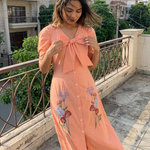 V - Neck Fit & Flare With Front Bow & Puff Sleeve Midi Dress - Western Era Dresses for women