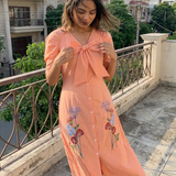 V - Neck Fit & Flare With Front Bow & Puff Sleeve Midi Dress - Western Era Dresses for women