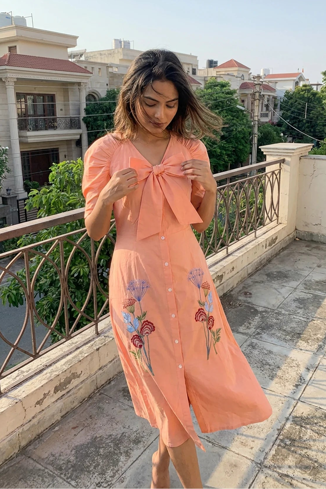 V - Neck Fit & Flare With Front Bow & Puff Sleeve Midi Dress - Western Era Dresses for women
