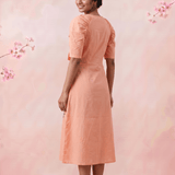 V - Neck Fit & Flare With Front Bow & Puff Sleeve Midi Dress - Western Era Dresses for women