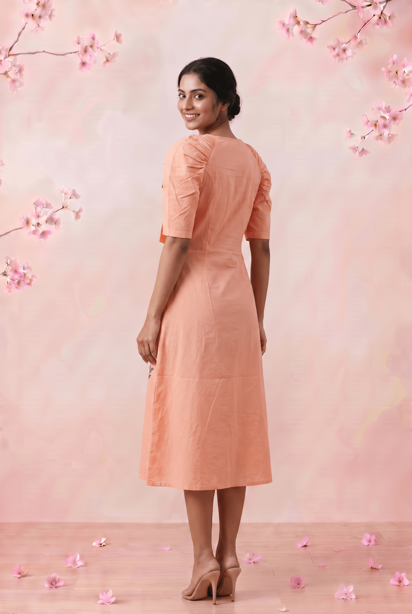 V - Neck Fit & Flare With Front Bow & Puff Sleeve Midi Dress - Western Era Dresses for women