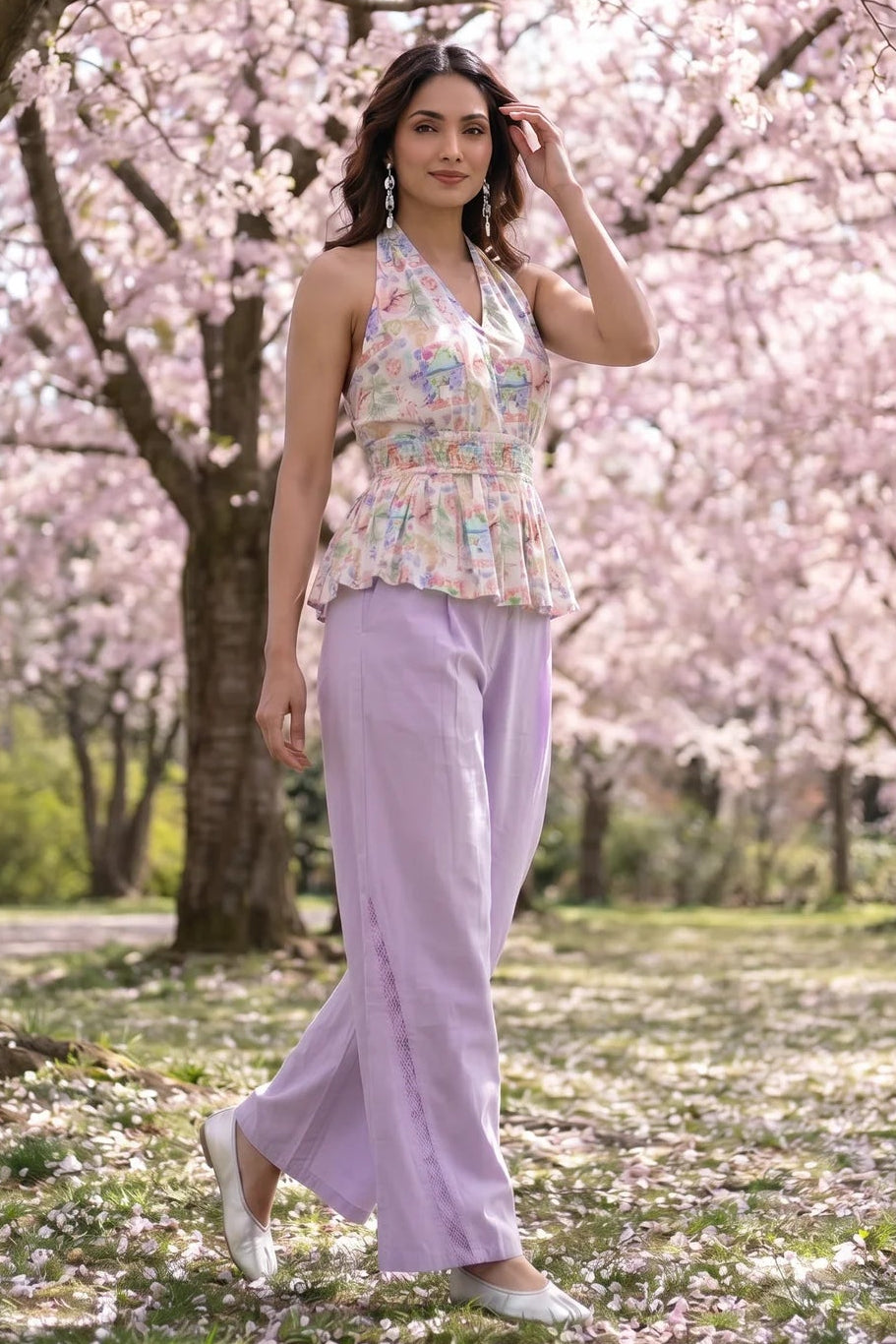 V - Neck Pleated Floral Print Flare Top - Western Era Tops for women