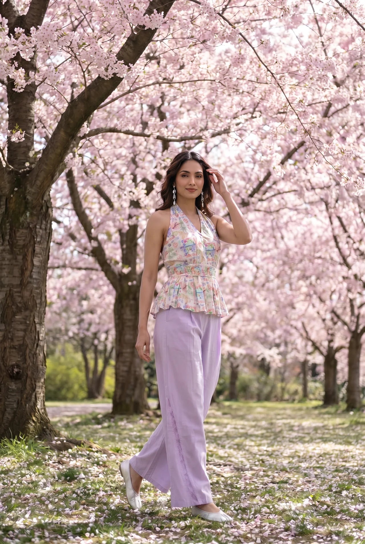 V - Neck Pleated Floral Print Flare Top - Western Era Tops for women