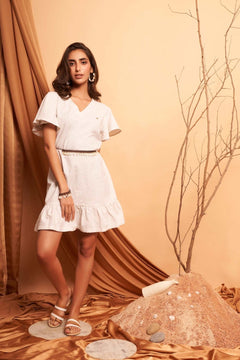 V-Neck White Cotton Dress With Flounce Sleeves