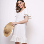 V - Neck White Cotton Dress With Flounce Sleeves - Western Era Dresses for women