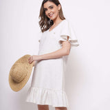 V - Neck White Cotton Dress With Flounce Sleeves - Western Era Dresses for women