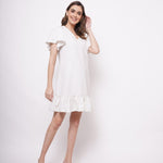 V - Neck White Cotton Dress With Flounce Sleeves - Western Era Dresses for women