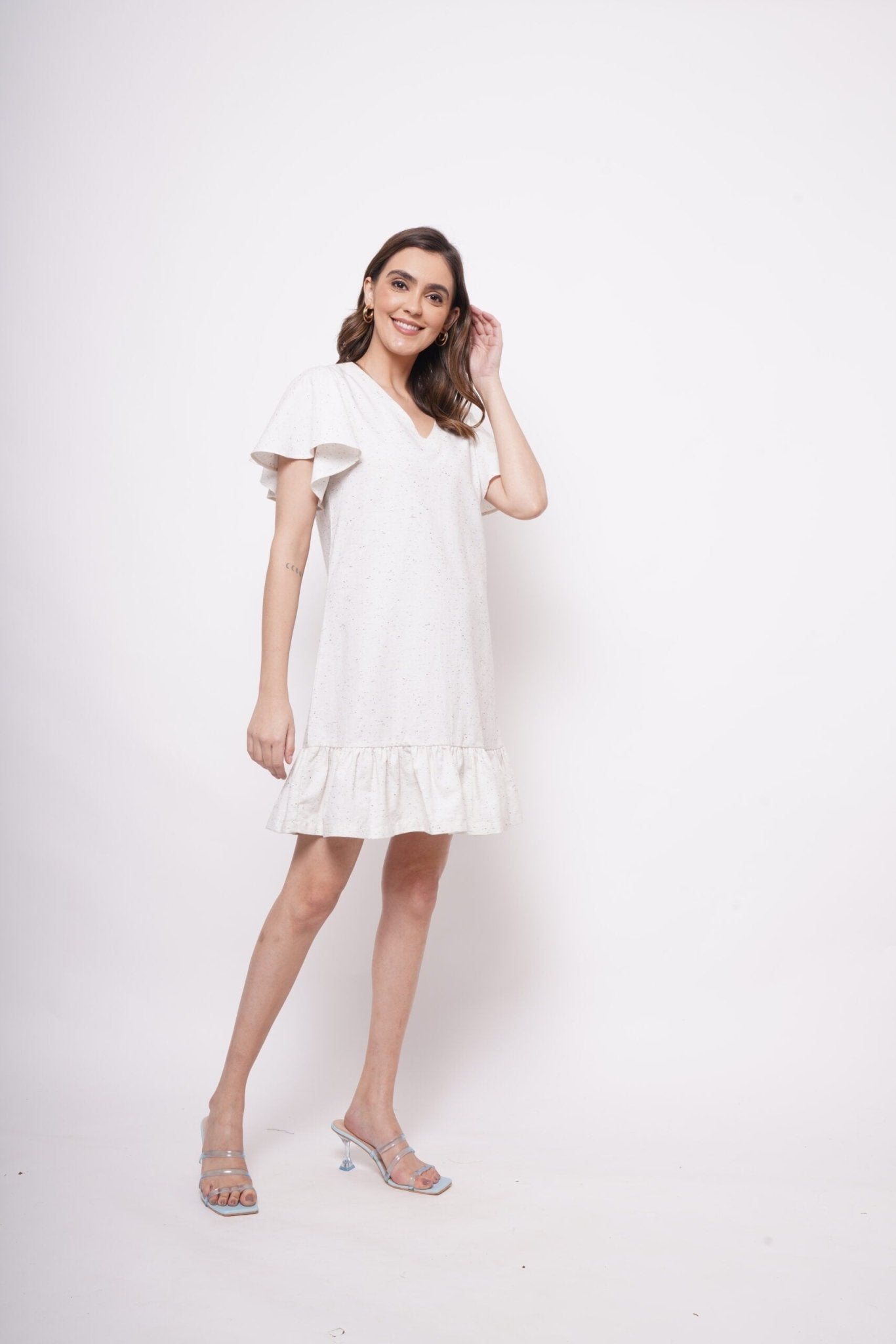 V - Neck White Cotton Dress With Flounce Sleeves - Western Era Dresses for women