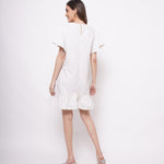 V - Neck White Cotton Dress With Flounce Sleeves - Western Era Dresses for women