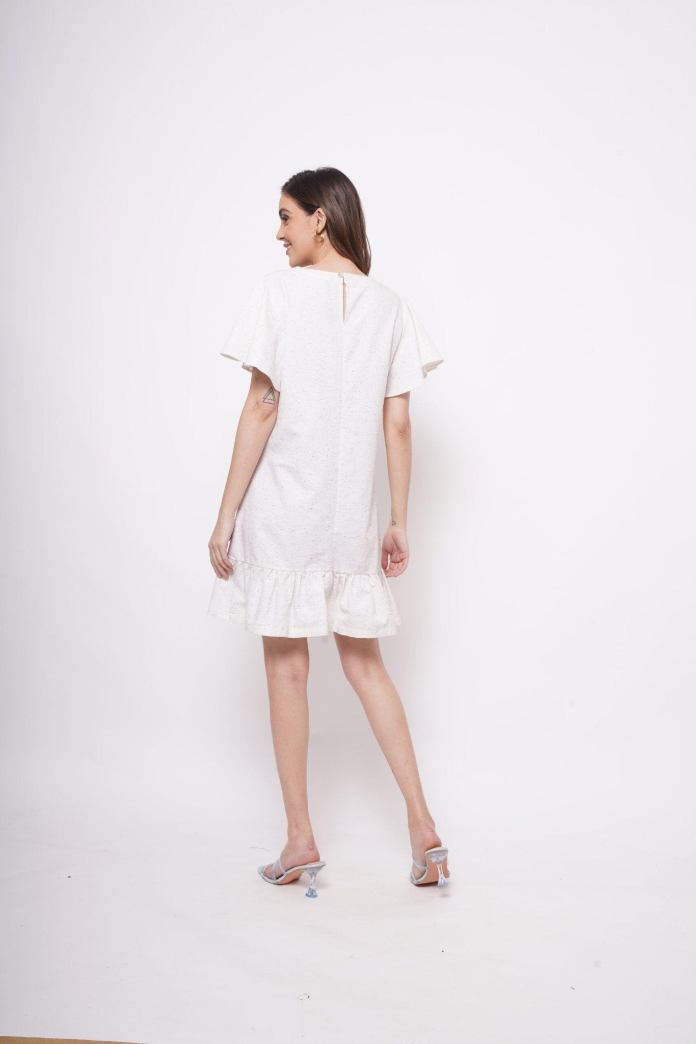 V - Neck White Cotton Dress With Flounce Sleeves - Western Era Dresses for women