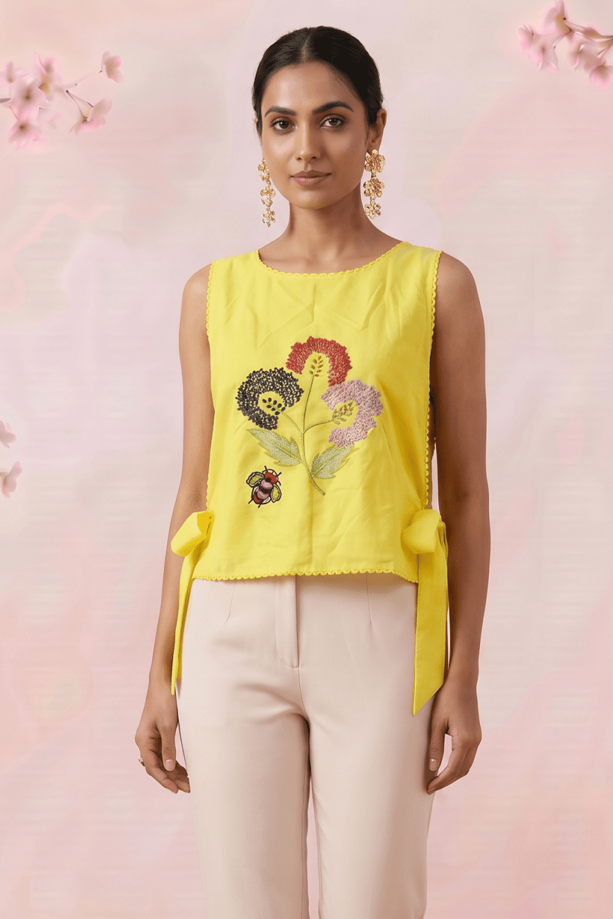Versatile Overtop Delicate Floral Embroidery With Side Knot Overtop - Western Era Tops for women