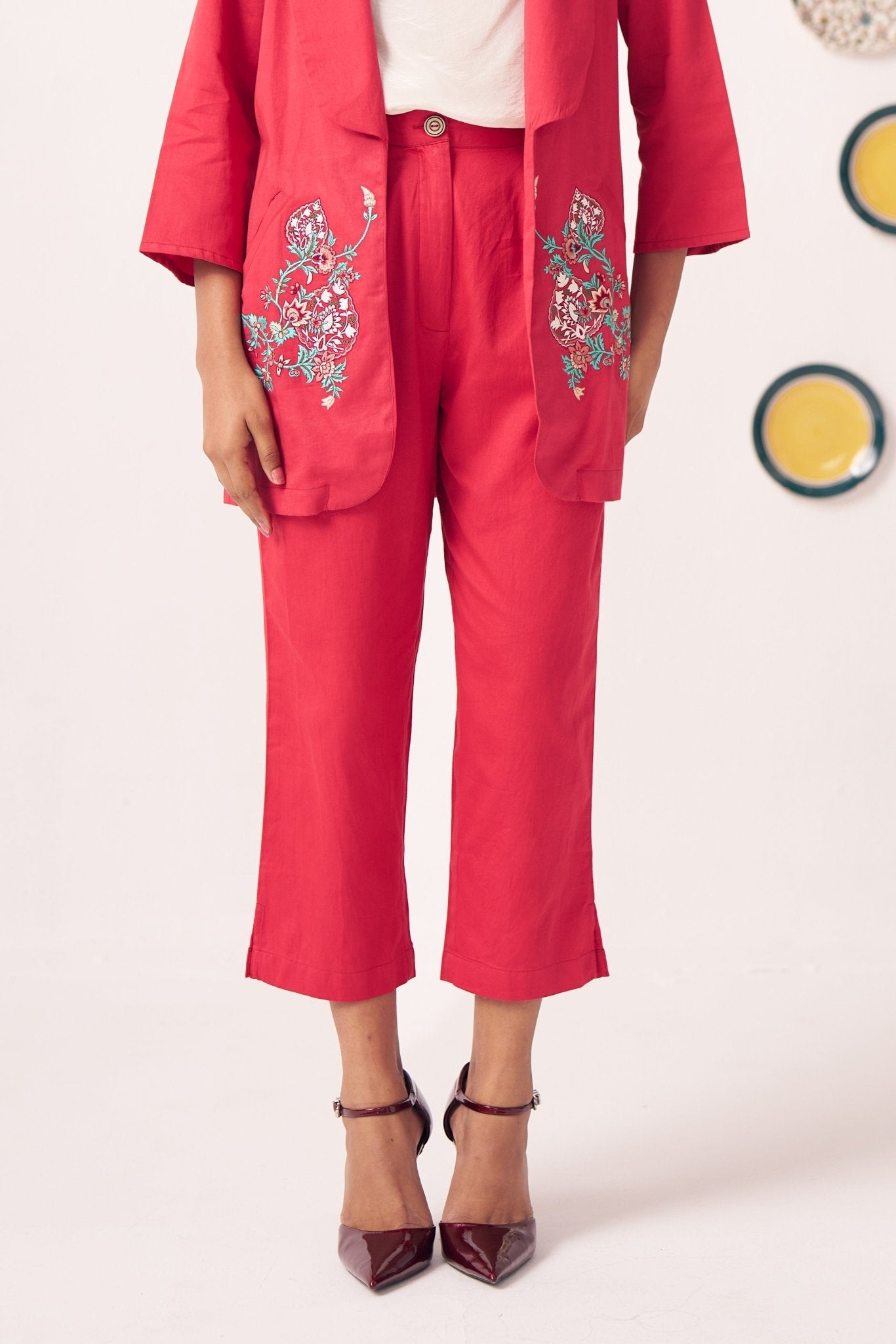 Veyona Red Regular Fit Cotton Trouser - Western Era trousers for women