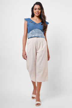 Waist Embroidered blue Linen Top