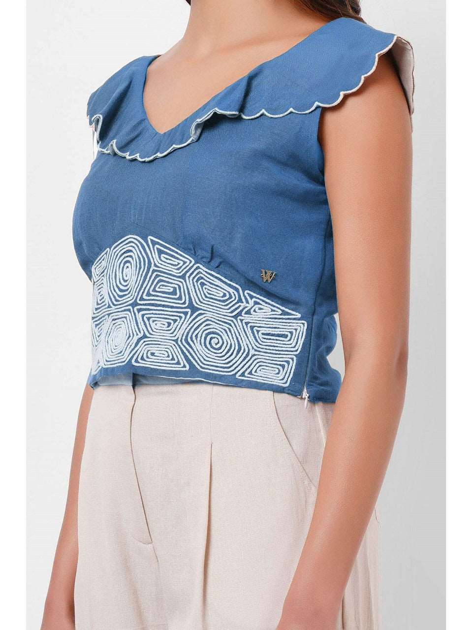 Waist Embroidered blue Linen Top - Western Era Tops for women