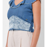 Waist Embroidered blue Linen Top - Western Era Tops for women