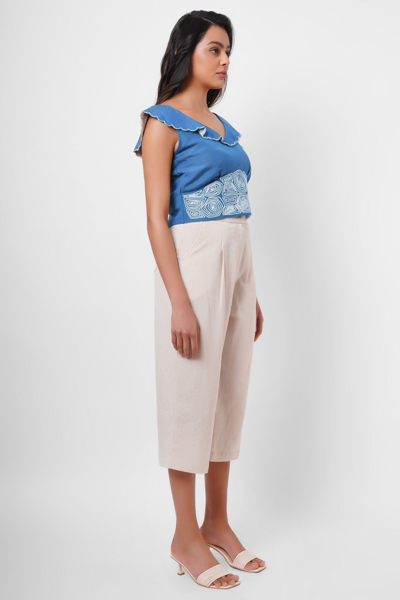 Waist Embroidered blue Linen Top - Western Era Tops for women