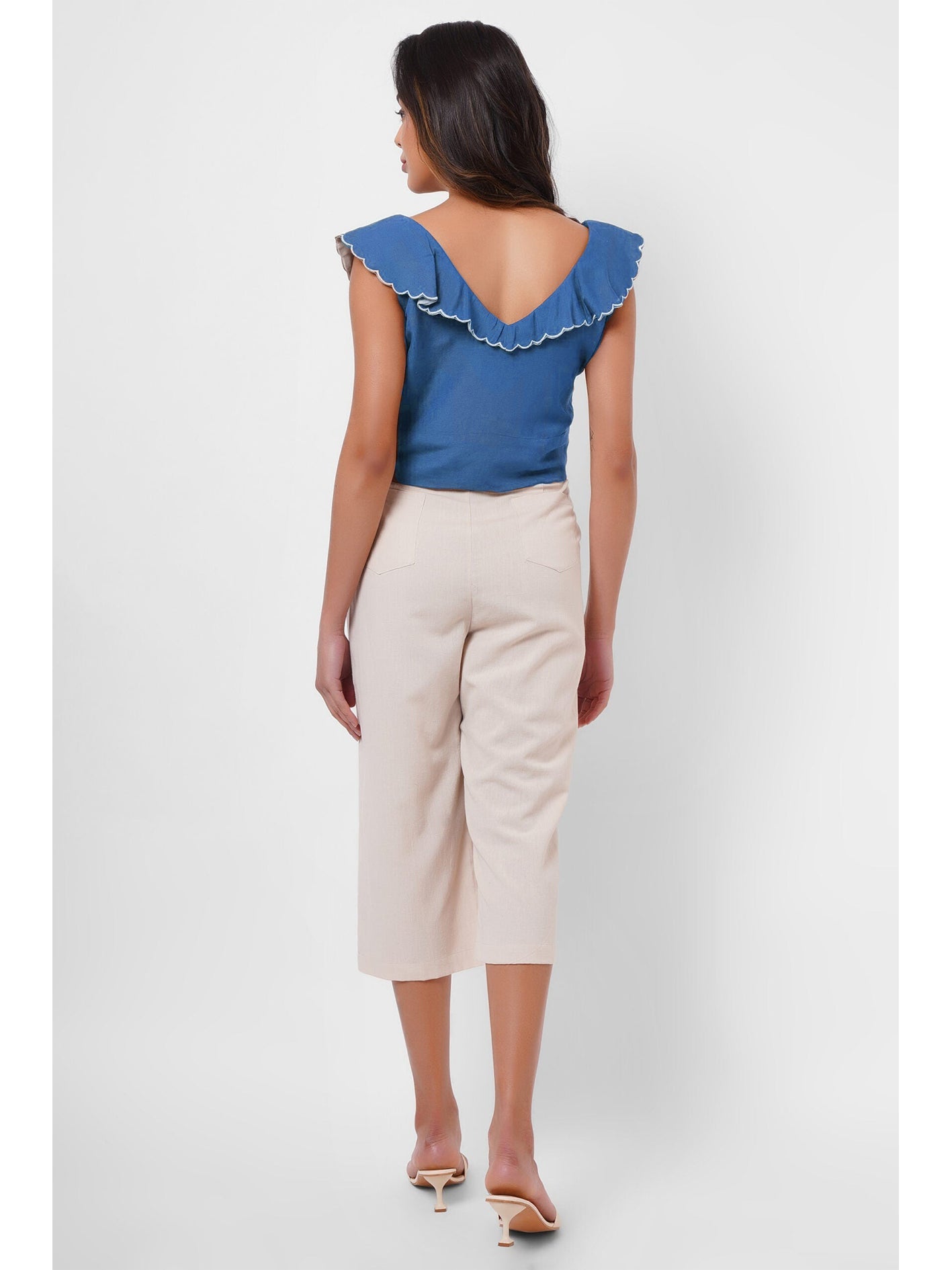 Waist Embroidered blue Linen Top - Western Era Tops for women