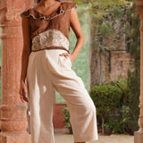 Waist Embroidered Brown Linen Top - Western Era Tops for women