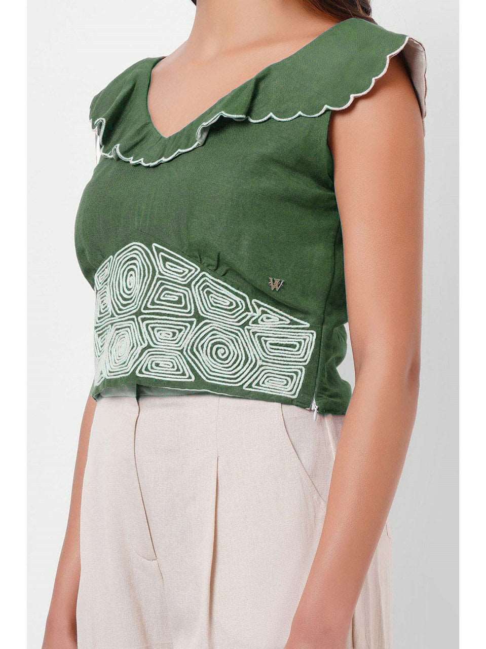 Waist Embroidered Green Linen Top - Western Era Tops for women