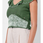 Waist Embroidered Green Linen Top - Western Era Tops for women