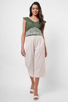 Waist Embroidered Green Linen Top
