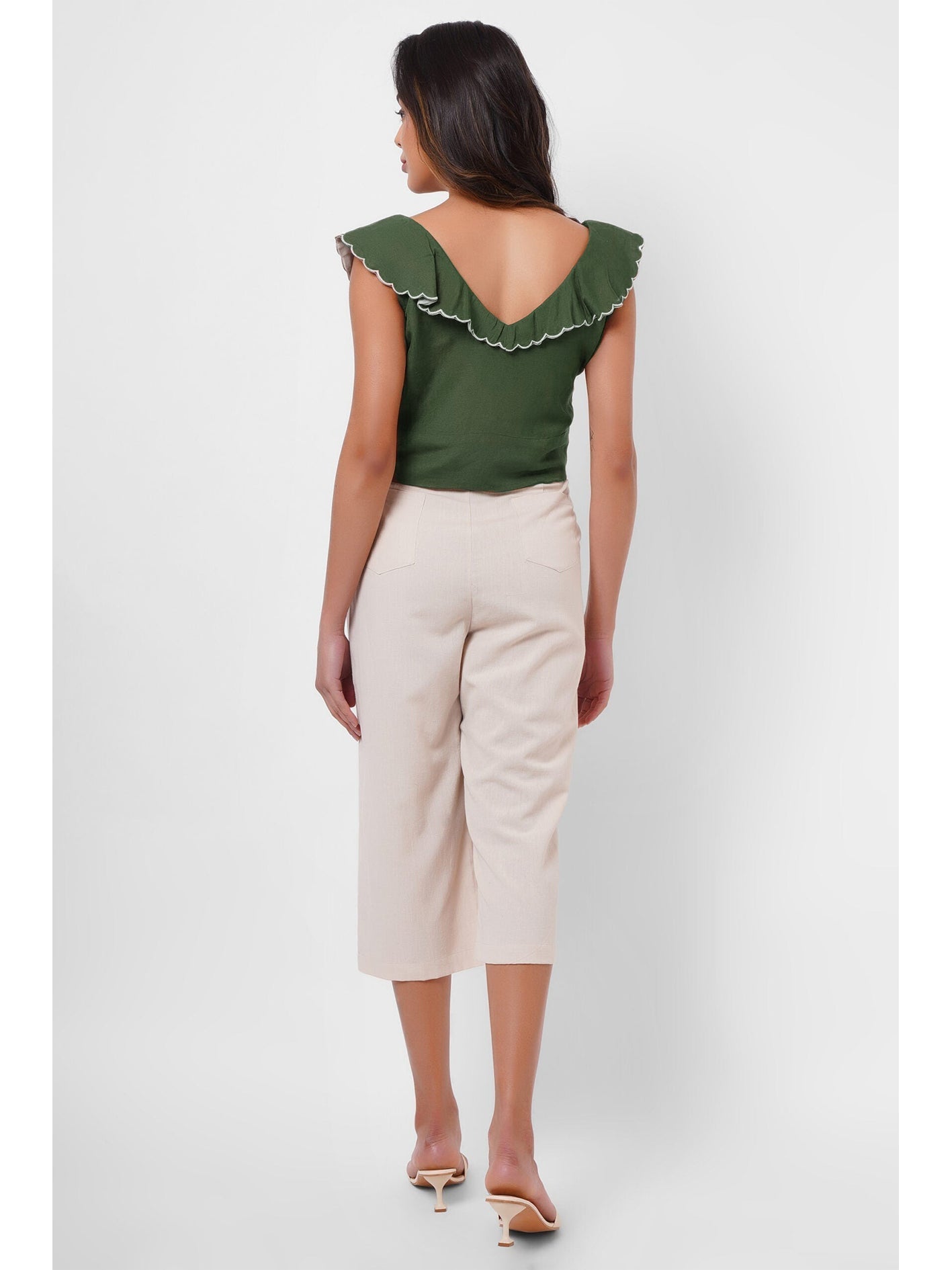 Waist Embroidered Green Linen Top - Western Era Tops for women