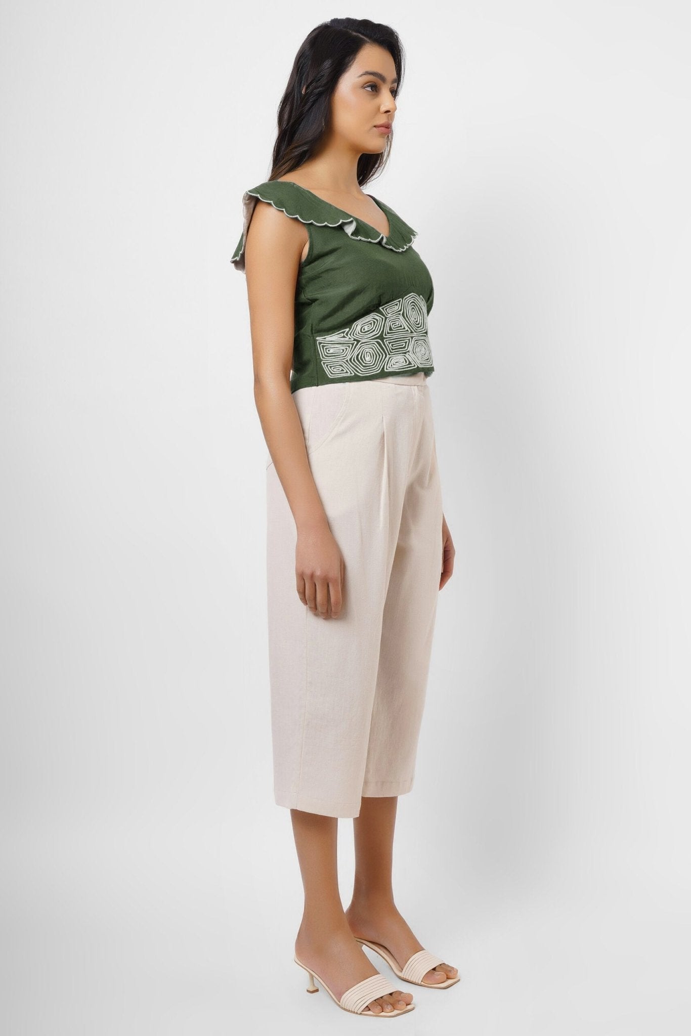 Waist Embroidered Green Linen Top - Western Era Tops for women