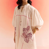 Oversized Off White Dress With Cut Work Embroidered Pocket