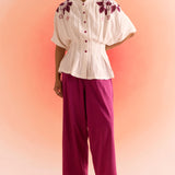 Off White Drop Shoulder Embroidered Top With Wine Straight Fit Trouser Cordset