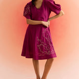 Wine Dress with Puff Mesh Embroidered Sleeves and Dori Embroidery on Front