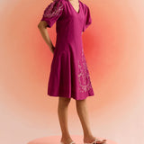 Wine Dress with Puff Mesh Embroidered Sleeves and Dori Embroidery on Front