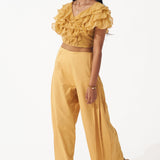 Golden Ruffled Crop Top With Pleated Pant Co-ord Set