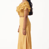 Golden Ruffled Crop Top With Pleated Pant Co-ord Set