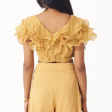 Golden Ruffled Crop Top With Pleated Pant Co-ord Set