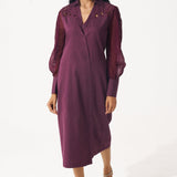 Wine Shirt Dress with Shimmering Embroidered Sleeves